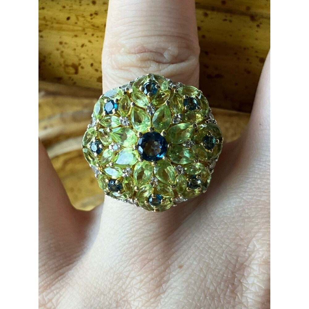 Natural London Blue Topaz Peridot Cocktail Ring Size 7